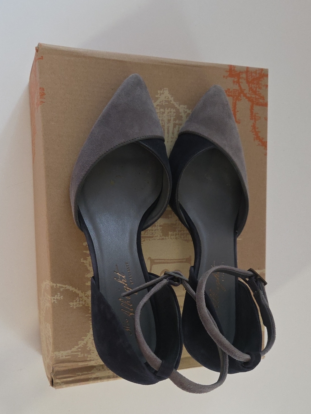 Miss Albright Two-Tone Pointed-Toe Ankle-Strap Heels in Gray and Black